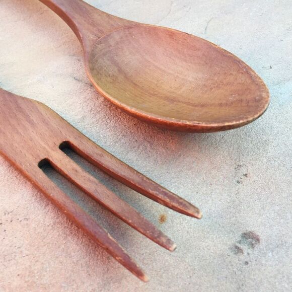 Vintage Hardwood Spoon Fork Salad Serving Decorative Utensil Set - Picture 6 of 13